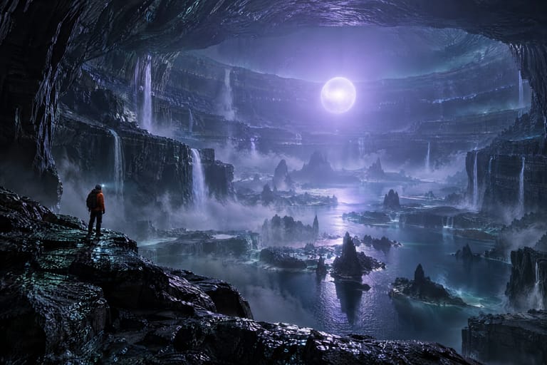 Agartha: a vast hollow of dark stone terraces, waterfalls and mist around a pale inner sun; a small figure with a headlamp on a ledge.