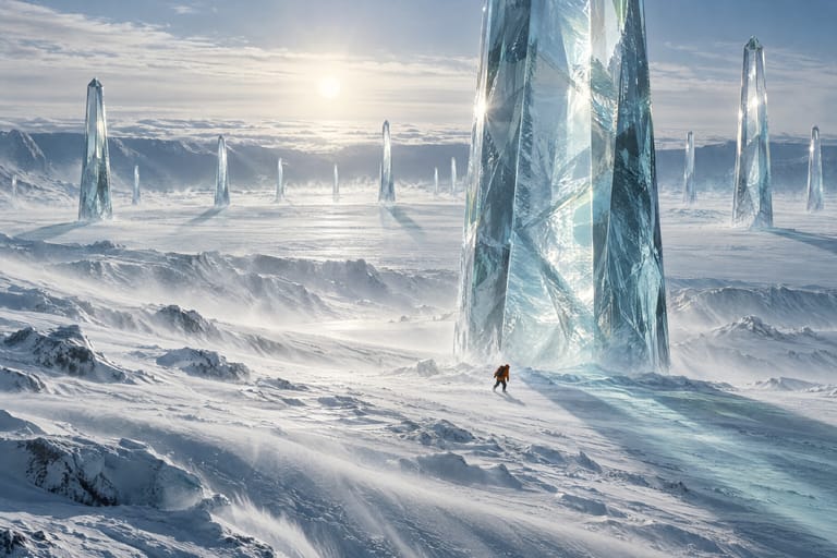 Hyperborea: towers of clear ice on a white plateau under a sun that never sets; a small figure in an orange parka leans into the wind.