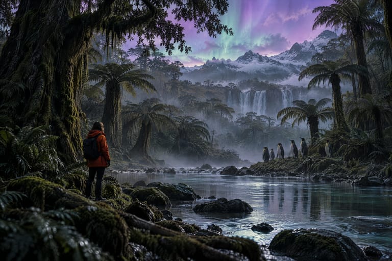 A forest of giant southern beeches and tree ferns by a slow river, giant penguins on the far bank, under a violet sky; Luz watches from the rocks.
