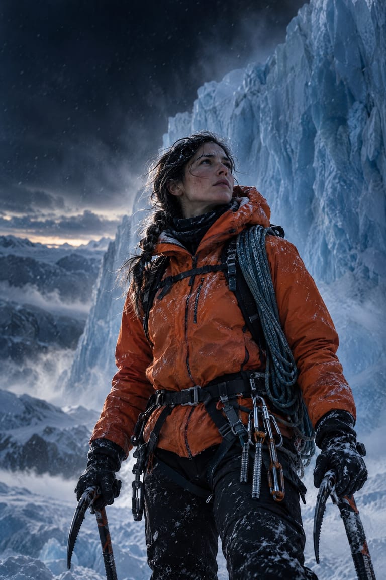 Luz Arrieta in an orange expedition parka and a climbing harness, an ice axe in each hand and frost on her lashes, looking up at the ice.