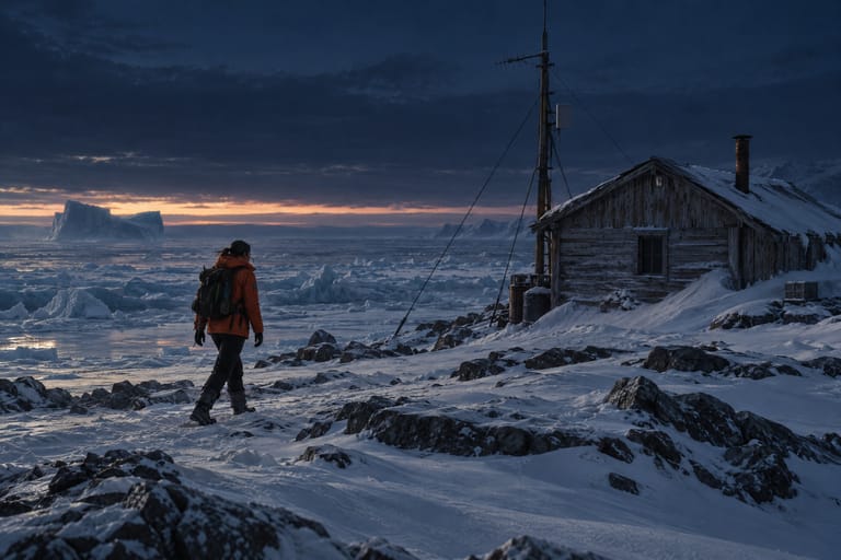 Concept for 2027, in third person: Luz in an orange parka crosses the sea ice at dusk toward the same hut, now weathered, with the game’s viewfinder, a heading, the radio on 1947 kHz and a waypoint on the hut.