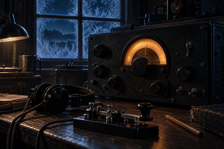 A 1940s receiver with a glowing dial, a Morse key and headphones by a frosted window.