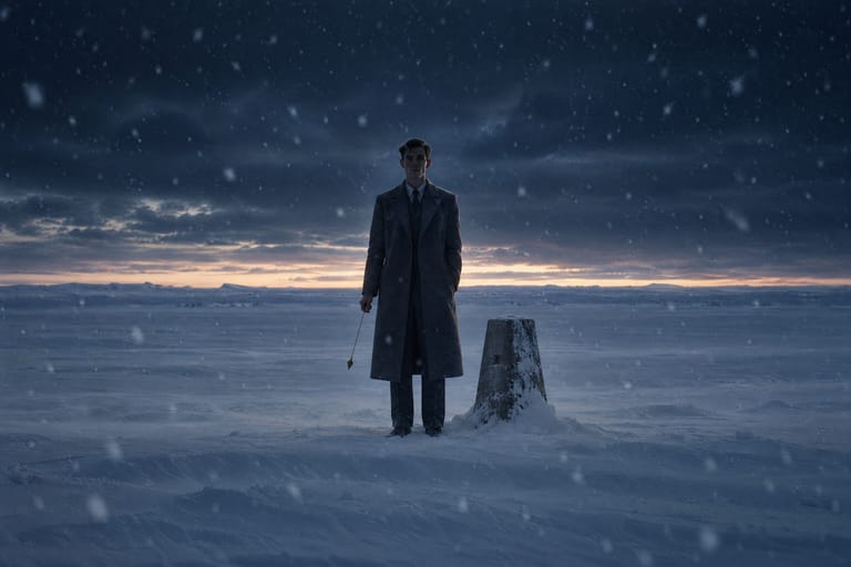 A black-and-white photograph from 1947: a young man in a grey overcoat, perfectly still in falling snow.