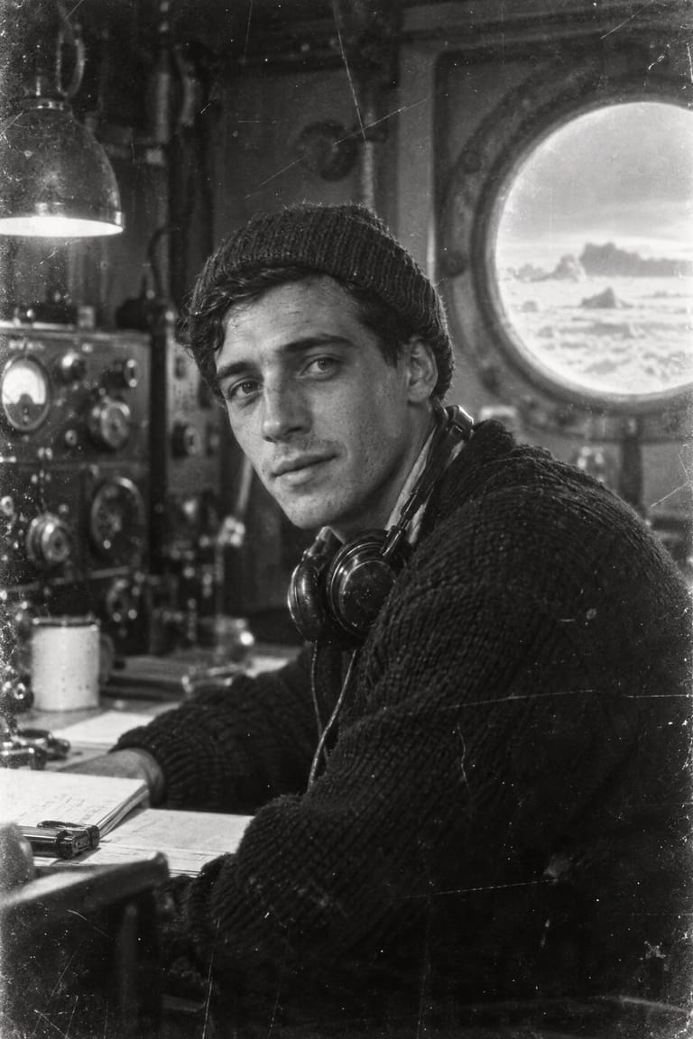 Tomás Arrieta in 1947: a young navy radio operator at a ship’s radio table, in a black-and-white photograph.