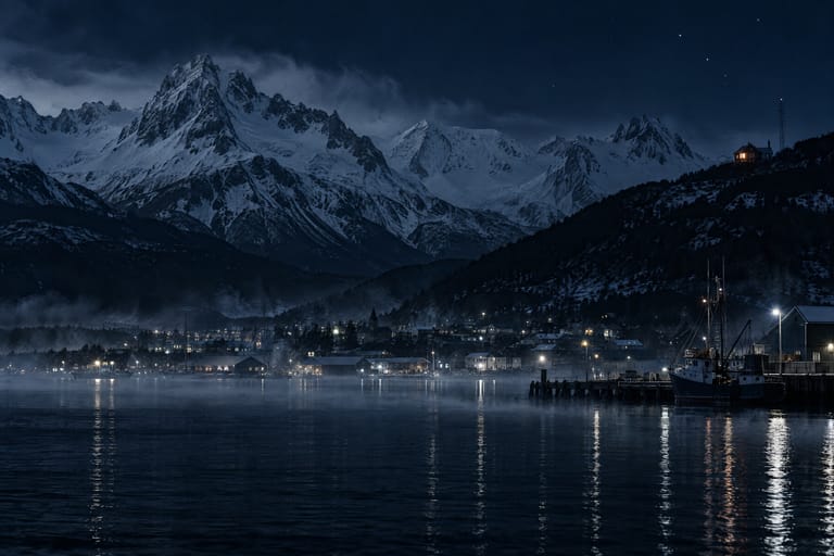Ushuaia at night: a small port at the foot of snowy mountains, and one lit window on the hillside.